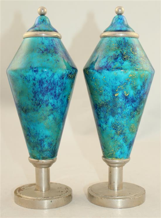 A pair of Paul Milet Sevres Art Deco pottery and chrome electroplate mounted vases and integral covers, c.1930, 25cm.